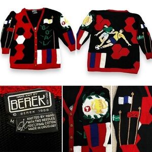 VTG 1988 Berek Novelty Cardigan Sweater Soccer Theme Hand Knit Preppy Medium